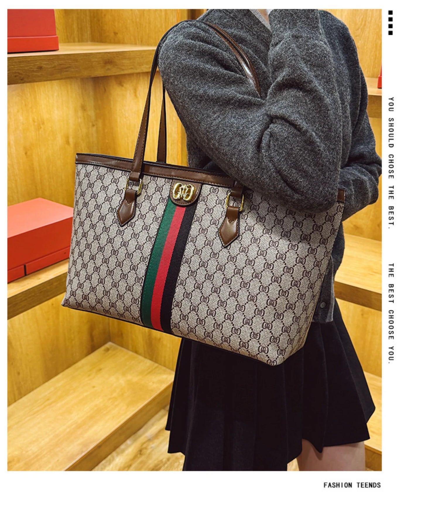 Fashionable Luxury Coffee Colored Floral Handbag with Red and Green Striped Design, Soft Leather, Large Capacity Underarm Bag