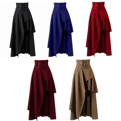 High Low Skirt Gothic Punk Lace Up Cincher Maxi Skirt Rock Hippie Pirate Draped Outfit Halloween Costume For Women