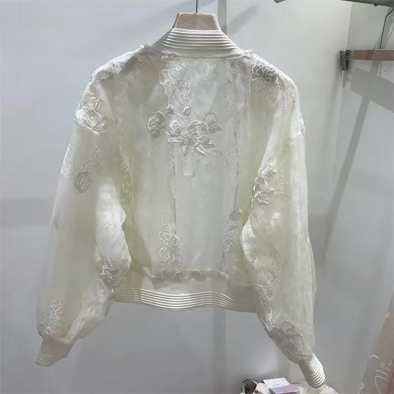 Summer Beading Embroidery Thin Jacket 2025 Women Elegant Sun Protective Clothing High Street Baseball Uniform Short Jacket