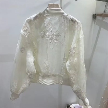 Summer Beading Embroidery Thin Jacket 2025 Women Elegant Sun Protective Clothing High Street Baseball Uniform Short Jacket