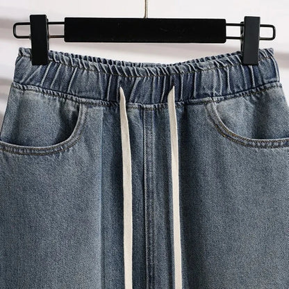 Spring/Summer 2026New Lady Drawstring Elastic Waist Split Denim Skirt High Waist Slim Retro Denim Casual A-Line Skirts Female