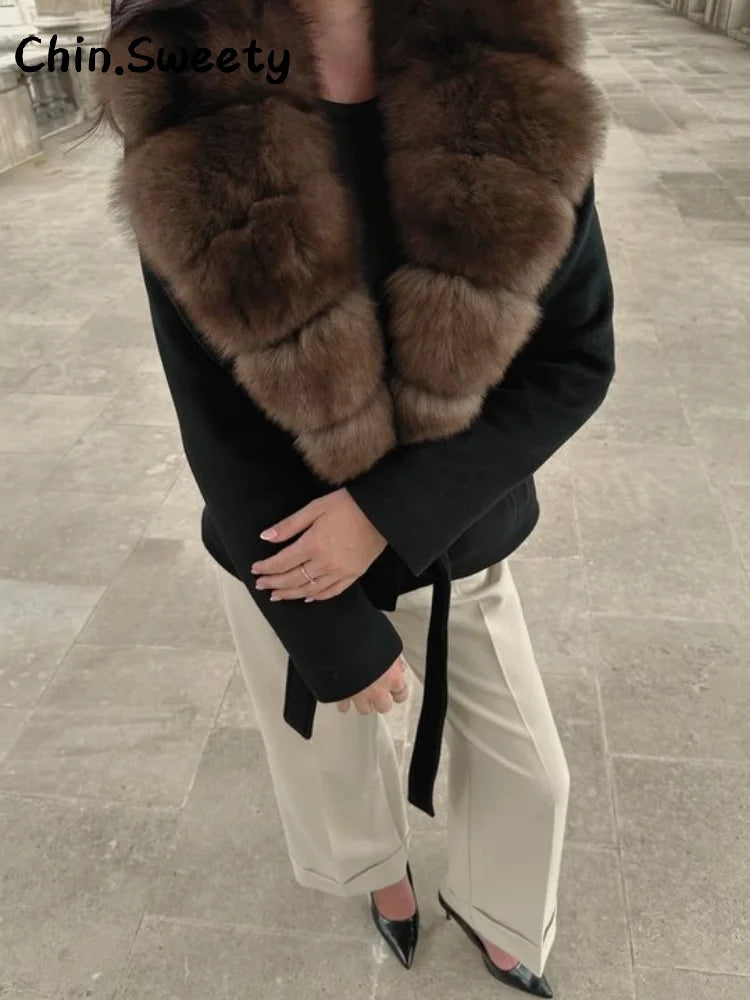 Street Women's Double Breasted Cropped Trench Coat With Faux Fur Collar Loose Full Sleeve Pocket Jacket 2025 Autumn Lady Outwear