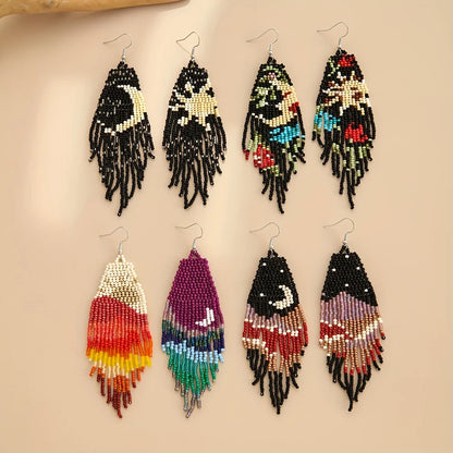 Bohemian Asymmetric Earrings, Star Moon Scenery Tassel Earrings, Handmade Beaded Earrings