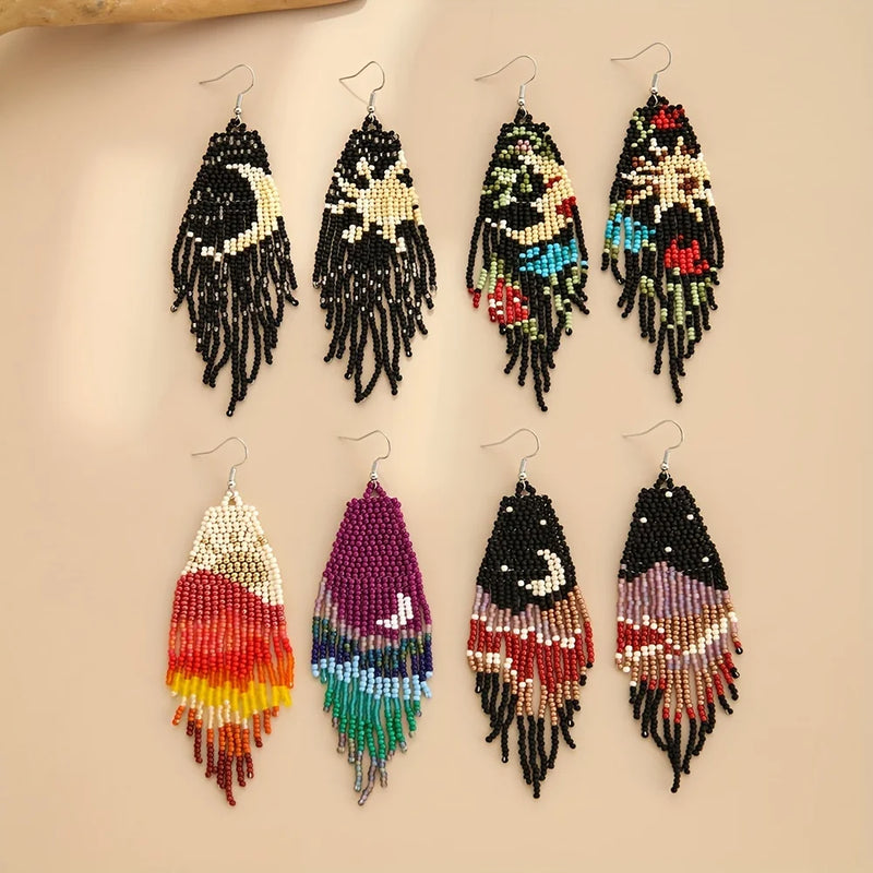 Bohemian Asymmetric Earrings, Star Moon Scenery Tassel Earrings, Handmade Beaded Earrings