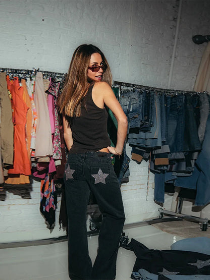 Classic Studded Denim Jeans Pant Women's Star Patchwork Baggy Pants Wide Leg  Trendy Streetwear Casual Daily Female Trousers