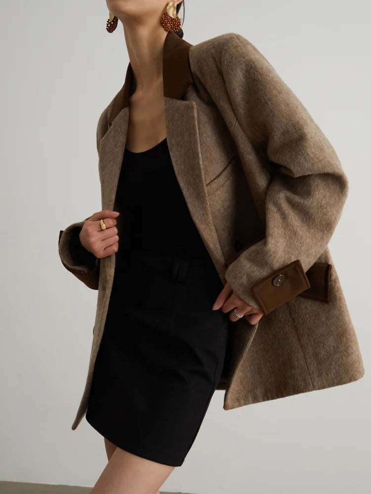Panelled Patchwork Pockets Woolen Overcoat Women Vintage Turn-down Collar Long Sleeve Double Breasted Coats New Autumn Lady Tops