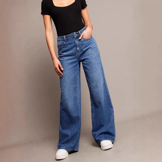 High Waist Wide Leg Denim Jeans Women's Loose Splicing Long Pants Street Style Vintage Washed Loose Jeans Fashionable Women's Cl