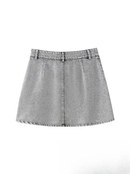 KONDALA Vintage Casual Chic Women Skirt Solid Slim Faux Pearls Denim Short Skirt New Fashion 2024 Summer Streetwear Mini Skirt
