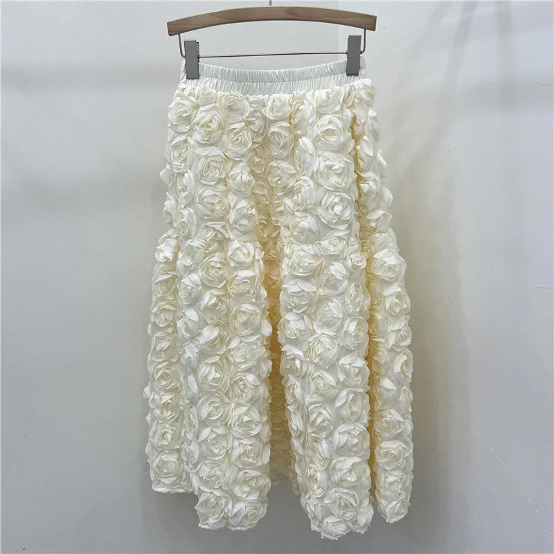Chic 3D Floral Skirt for Women Temperament Jupe 2025 Faldas Mujer De Moda High Waist Loose Saia A-line Sweet Solid Color Skirts