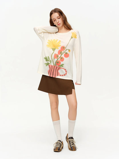 DUSHU Women Floral Art Retro Print Knit T-Shirt 2026 Spring New Arrival Floral Design Loose Casual Slim-Fitting Top Long Sleeve