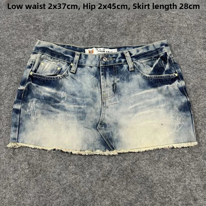 Sexy American Vintage Low Waist Denim  Skirt for Students Z4 Antiquing Y2K Trendy ort Skirt with Handmade Ripped And Fo...