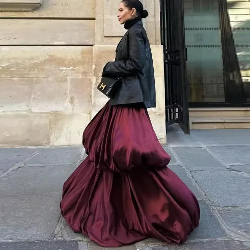 Burgundy Satin Lady Long Skirts Tiered Puffy Floor Length Lady A Line Skirt High Waist Women Formal Wear Girls  Skirt