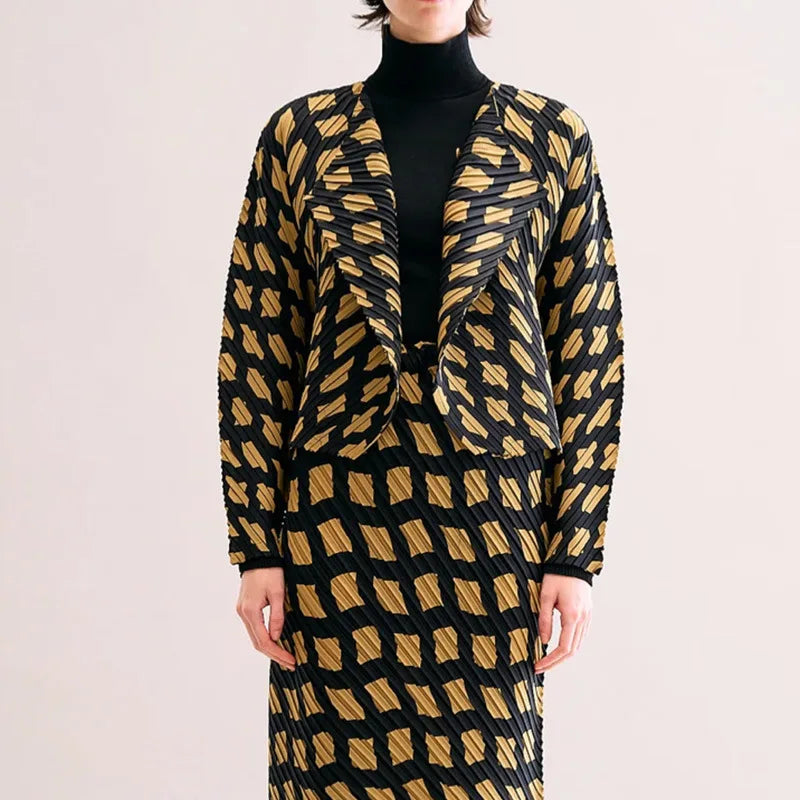 Miyake Pleated Twill Color Blocking Long Sleeved Jacket Women New Fashion Double Button Causal Short Coats