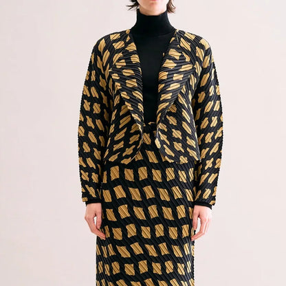 Miyake Pleated Twill Color Blocking Long Sleeved Jacket Women New Fashion Double Button Causal Short Coats