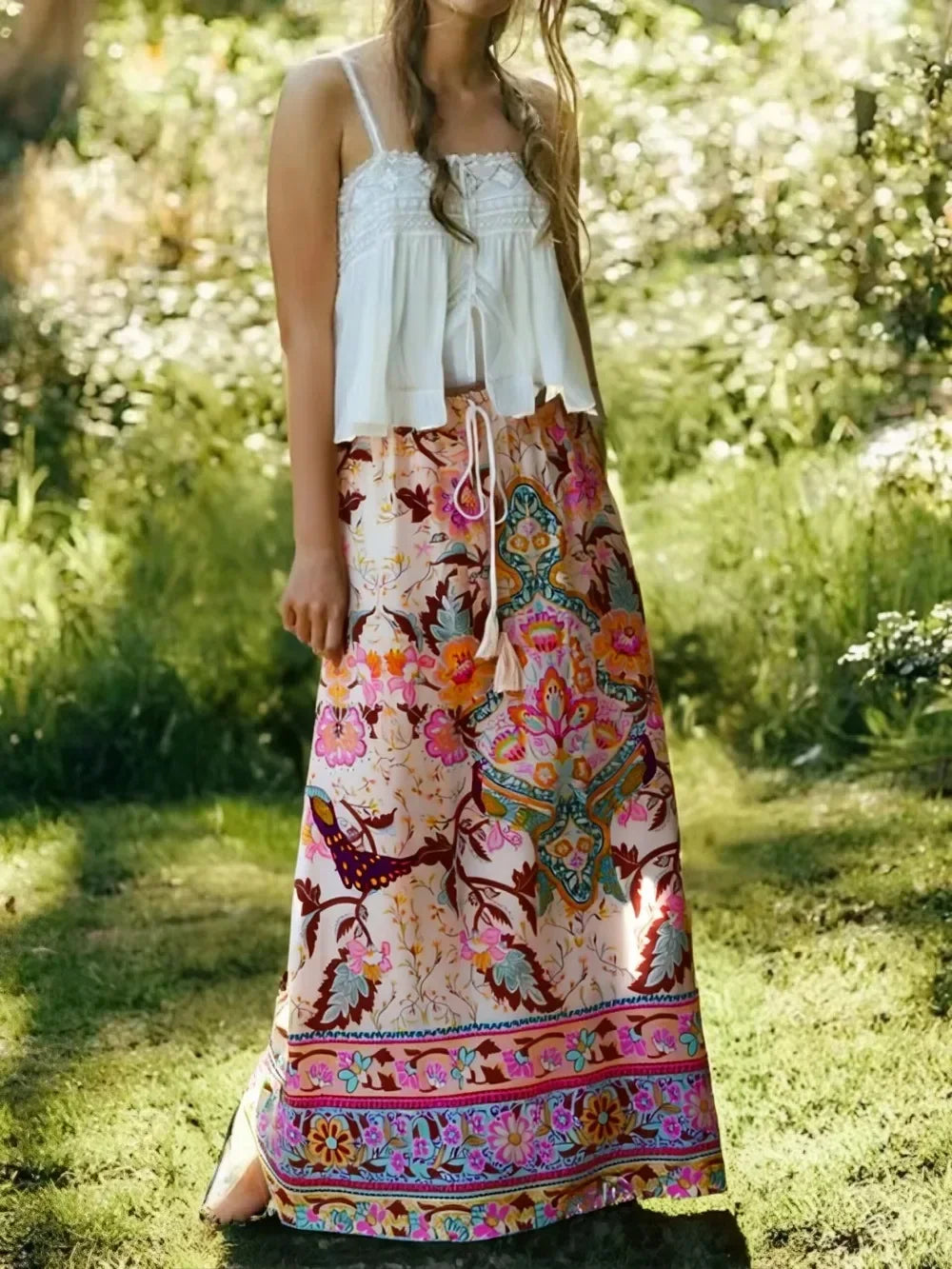 Boho Queens Peacock Women Vintage Floral Printed Tassel Beach Bohemian Maxi Skirts Ladies Elastic Waist Rayon Long Skirt
