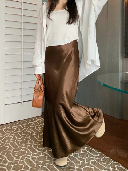 Spring Women's Long Skirts High-waist Luxury Satin Fishtail Skirt Ladies Elegant Loose Solid Gray Black A-line Skirts for Women