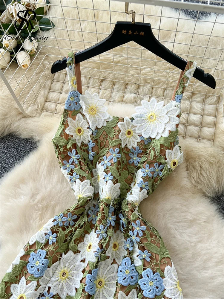 SINGREINY Embroidery 3D Floral Dress Women Sleeveless Hook Flower Hollow Backless Dress 2025 Light Luxury Elegant Long Sundress