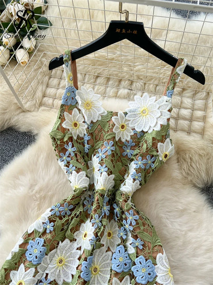 SINGREINY Embroidery 3D Floral Dress Women Sleeveless Hook Flower Hollow Backless Dress 2025 Light Luxury Elegant Long Sundress
