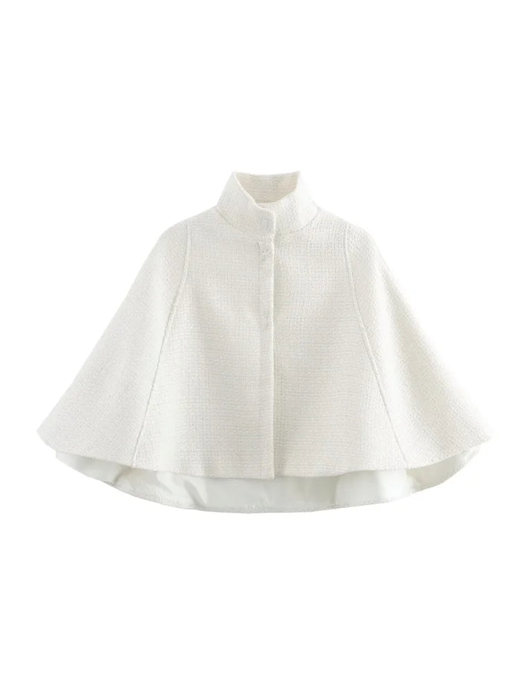 Zevity Women Elegant White Color Casual Cloak Coat Office Lady Wear Street Suit Jacket Stand Collar Button Cape Tops CT7366