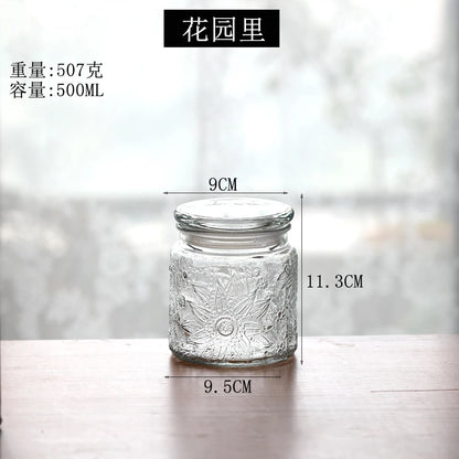 Retro Transparent Glass Sealed Jar Glass Lid Storage Jar Begonia Flower Glass Bottle Candy Storage Jar Kitchen Storage Supplies