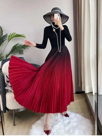 DEAT Women Gradient Color Skirt Elastic Waist Autumn 2024 New Loose Casual Versatile Fashion Tide Elegant Female 15KB594