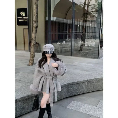 Women's New Autumn And Winter Versatile Tweed Cape Coat Belt Models Highly realistic artificial fox fur Blends Coat for Women