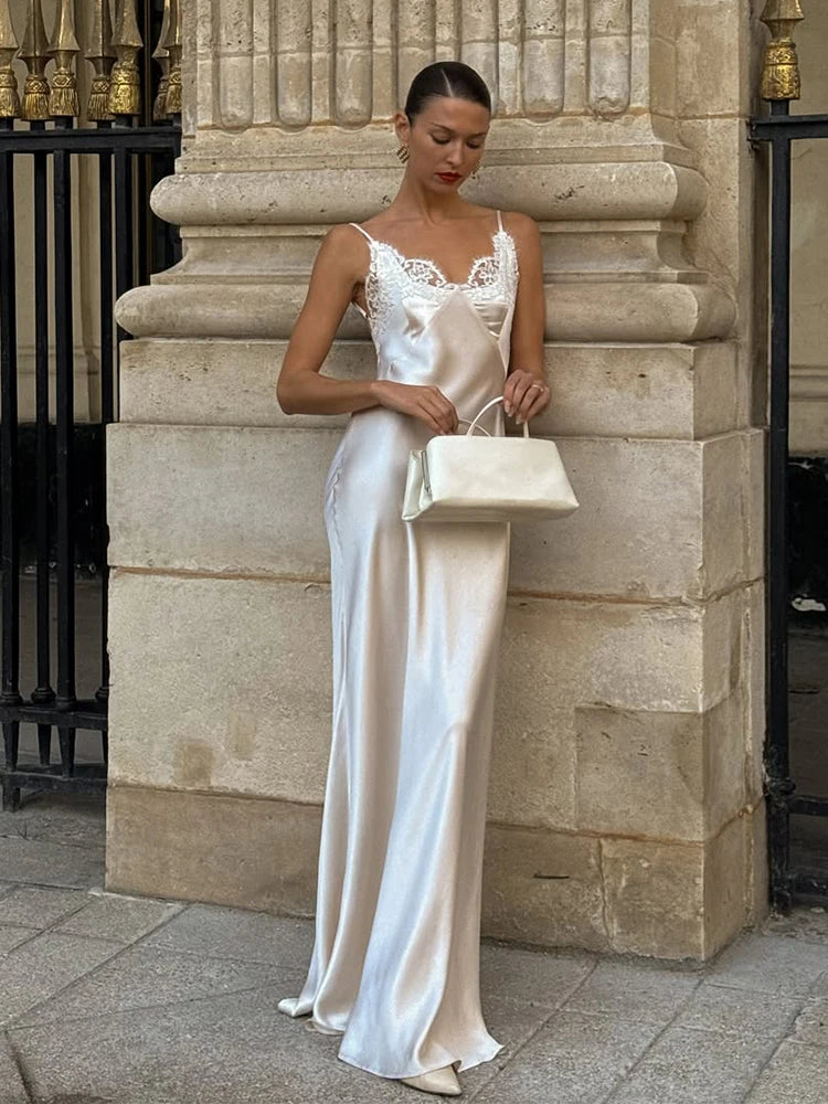 Lace Patchwork Sling Maxi Dress Women Sexy Solid V-neck Sleeveless Backless Satin Slim Long Gown Lady Chic Evening Party Dresses