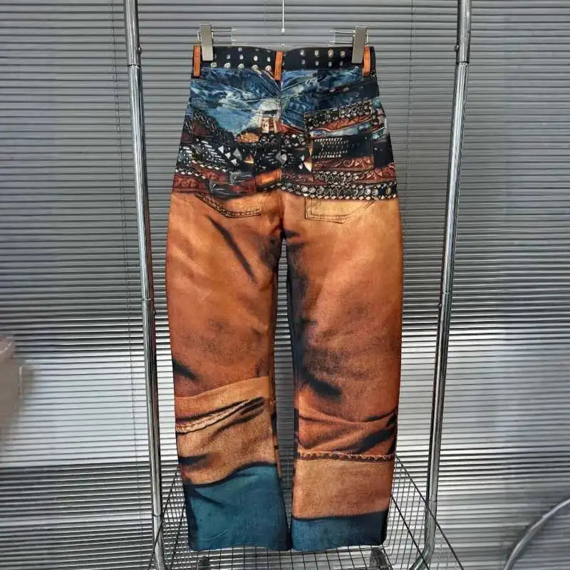 DEAT Fashion Women's 3D Printing Retro Color Painting Jeans High Waist Contrast Color Denim Pants Female Trendy New 11A03696