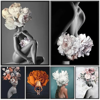 Canvas Painting Wall Art Women and Flowers Abstract Print the Girl with Flowers on Her Head Surrealism Imagine Poster Room Decor