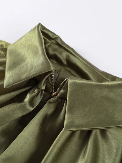 Pleated Zipper Green Oversize Jacket Women Long Lantern Sleeve Lapel Folds Elegant 2025 Spring Coat Street Commuter Lady Tops