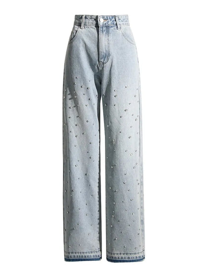 TWOTWINSTYLE Spliced Diamonds Jeans For Women High Waist Casual Loose Temperament Autumn Jean Female Fashion Style Clothing New
