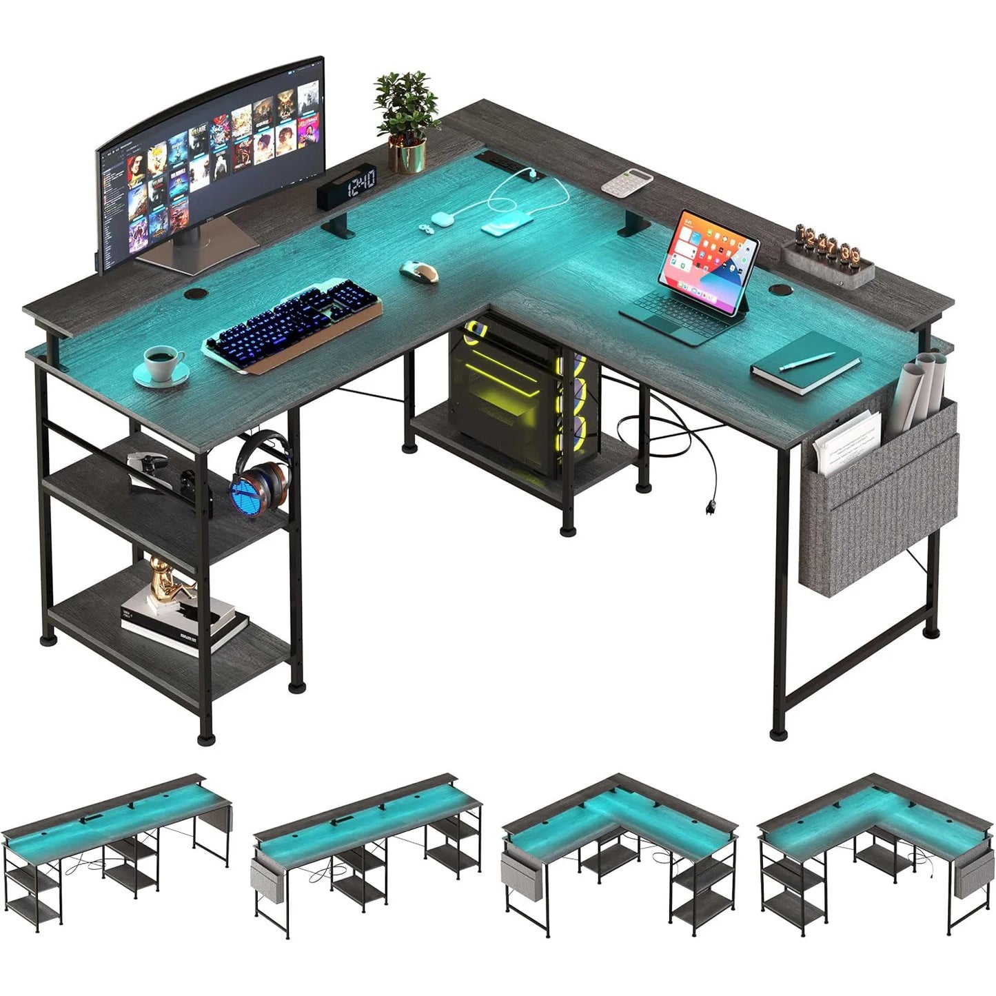 Ergonomic RGB Gaming desk with Monitor Stand Power Connecting USB Ports Cable Management
