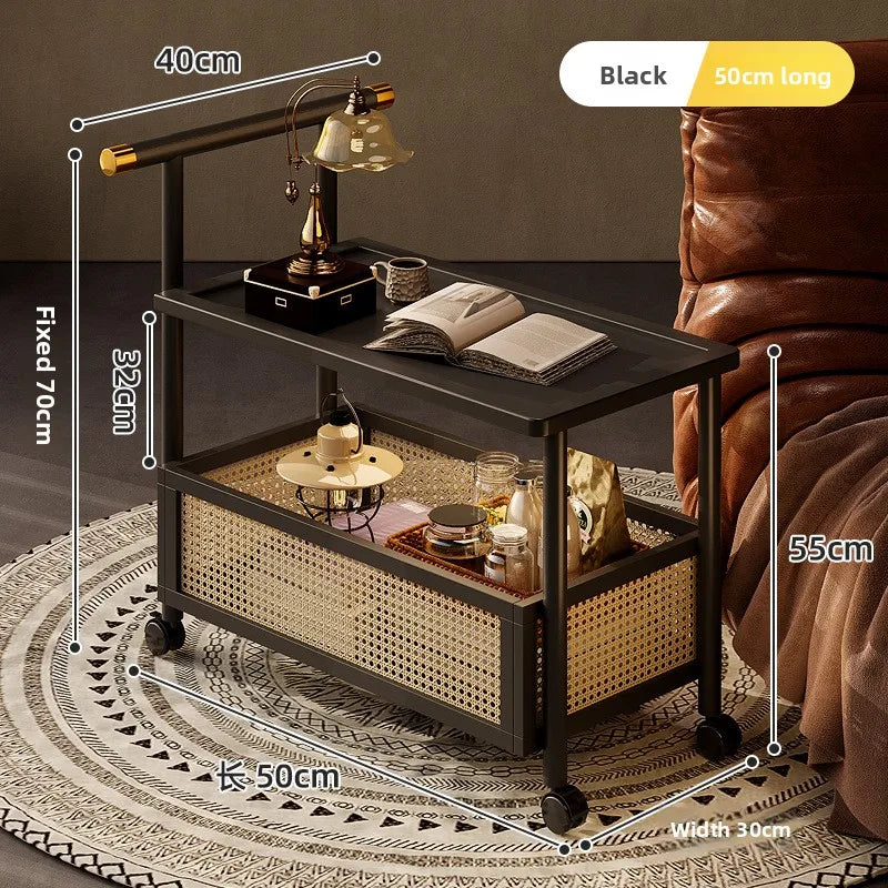 Wooden antique style coffee table, mobile coffee table, sofa side table, cart with pulley storage rack, rattan fence decoration