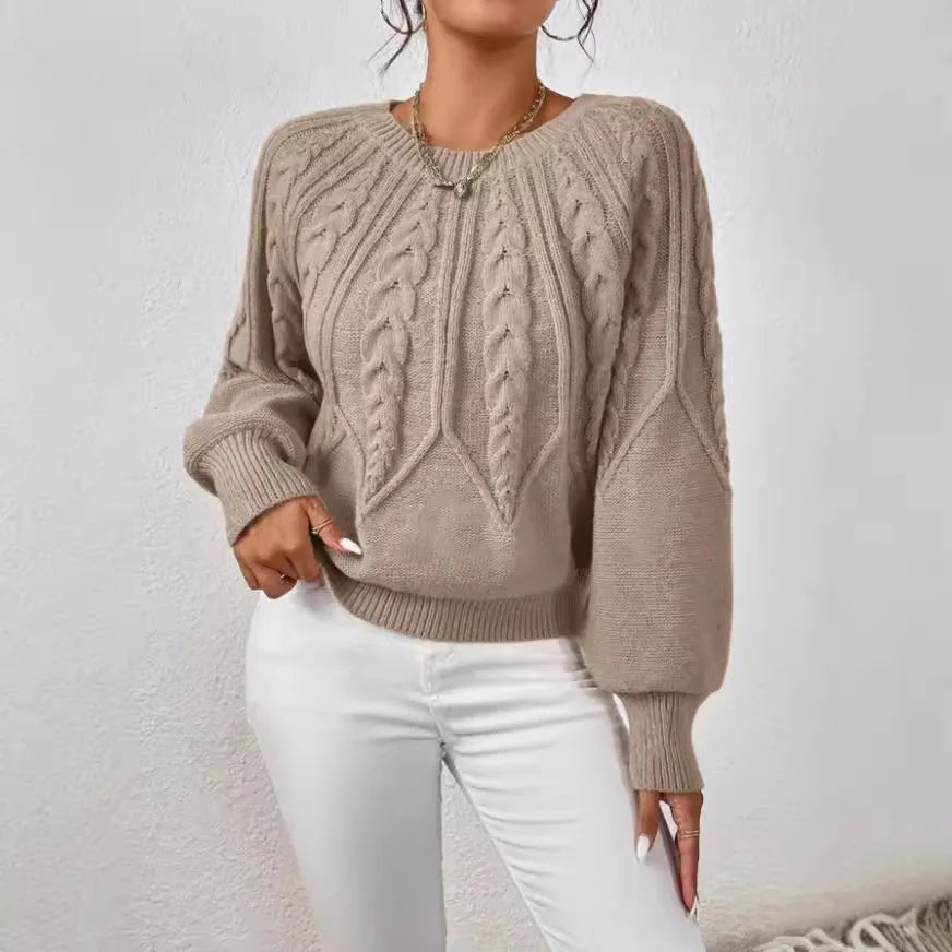 2025 Autumn/Winter New Women's Solid Color Cable Knit  Pullover Sweater Basic Soft Sweaters For Women Jacquard Tops