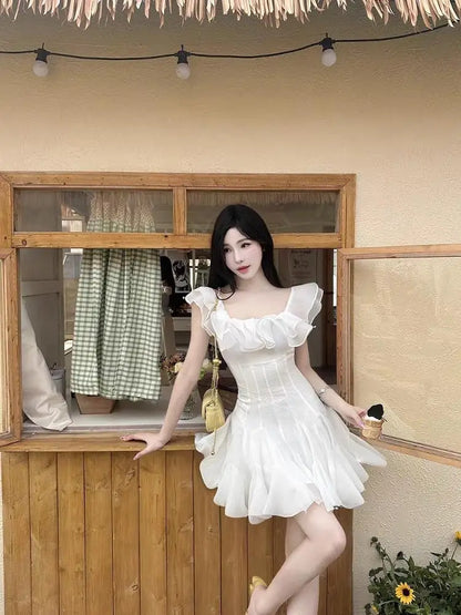 Women's Elegant Off Shoulder Ruffles Slim Mini Dress Lady Summer Sexy Party Holiday Slash Neck A Line Short Dress