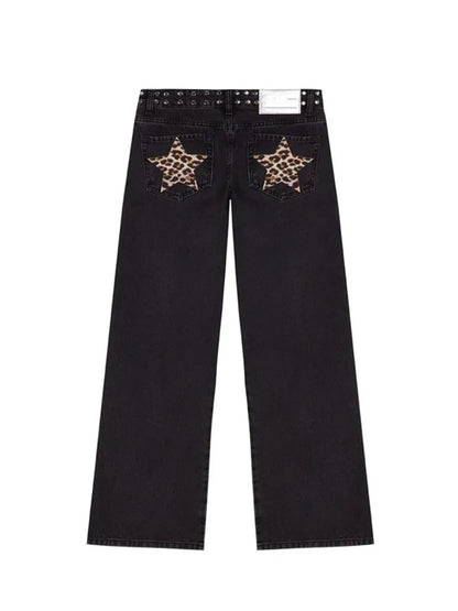 Y2K Vintage Jeans Women High Waisted Denim Pants Five Pointed Star Print Harajuku Street Baggy Casual Straight Leg Trousers