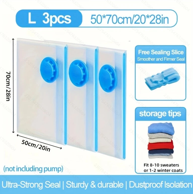 2/3/7 Pcs Vacuum Storage Bags for Clothes/Duvets, Heavy Duty with Hand Pump, Space Saver, Airtight, Reusable, Travel, Packing Cu