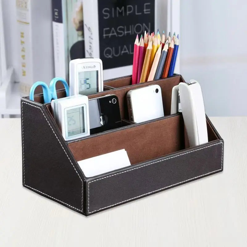 Home Office Wooden Struction Leather Multi-function Desk Stationery Organizer Storage Box, Pen/Pencil ,Cell phone, Business Na