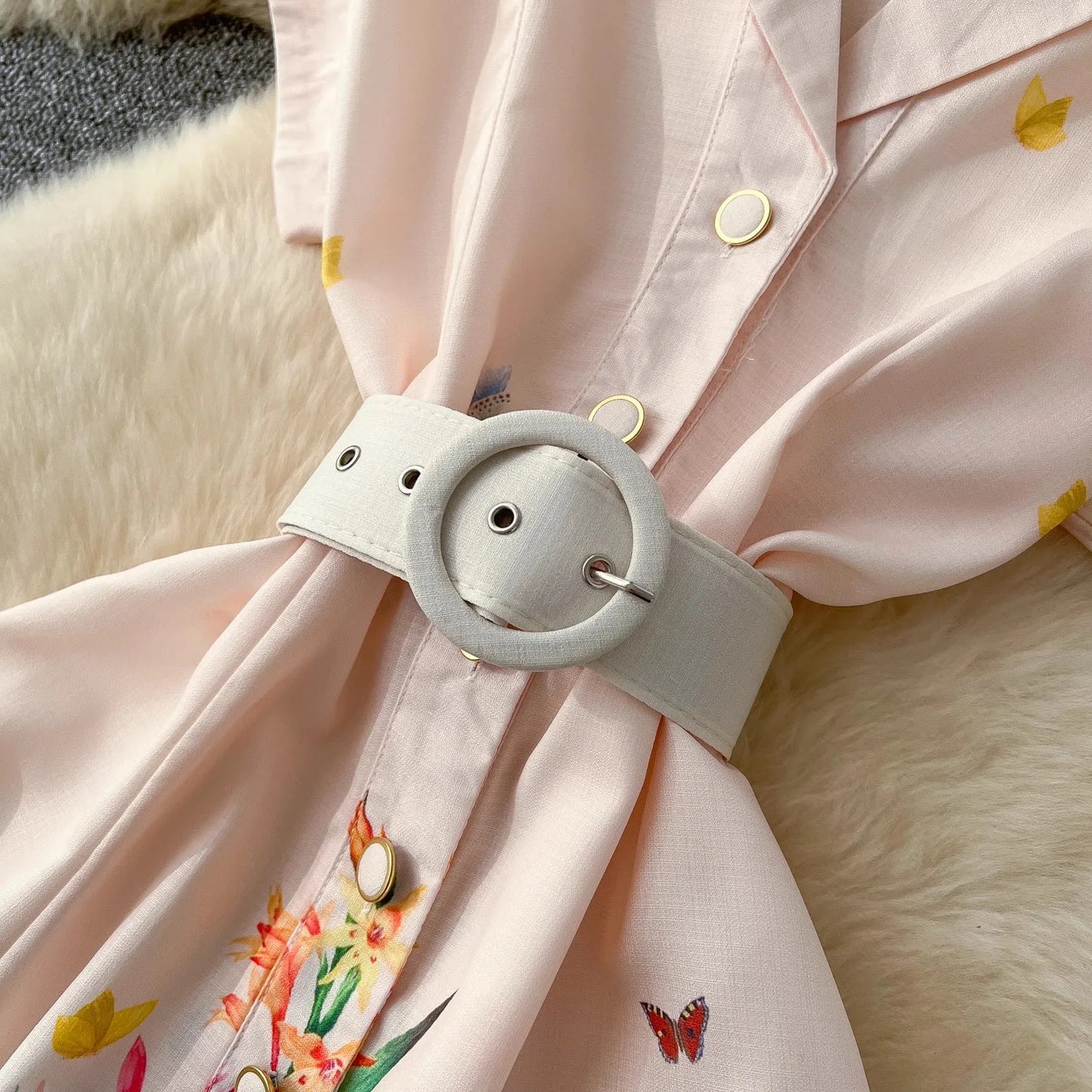 Summer Holiday Floral Print Dress Women's Notched Short Sleeve Single Breasted Buttons Up Belt Boho Maxi Long Robe Vestidos