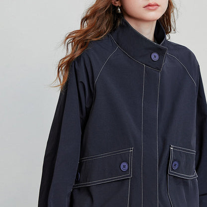 TOYOUTH Women Jacket Coat 2025 Autumn New Barn Style Workwear Large Pocket Stand up Collar Single Breaste Button Outwear Coat