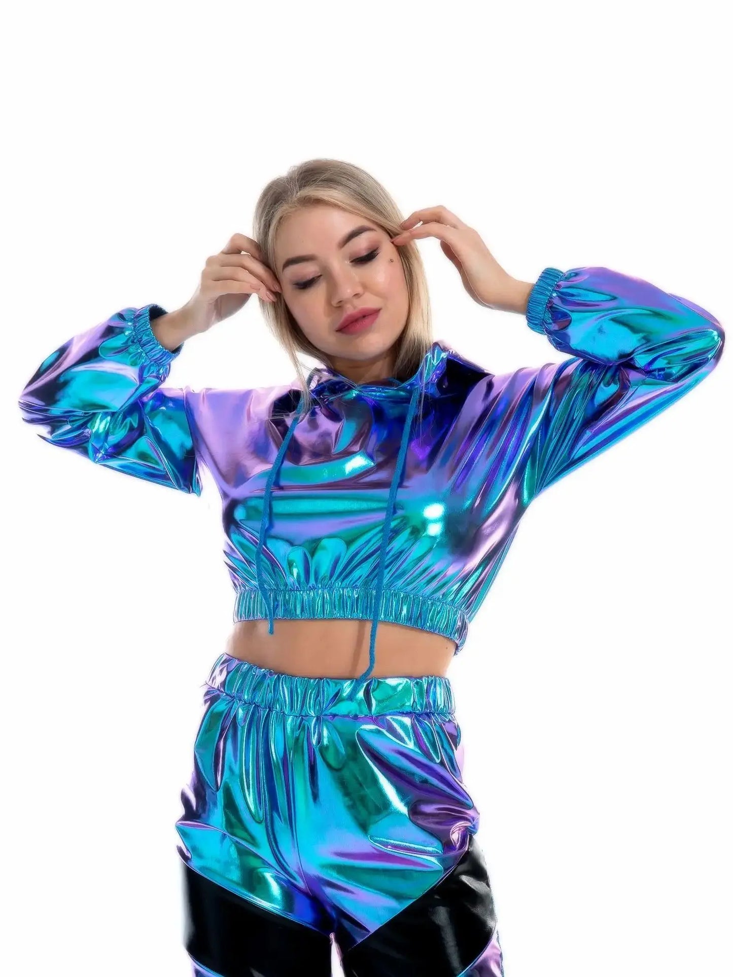 Sexy Cropped Holographic Hoodies Women Shiny PU Metallic Hoody Long Sleeve Short Sweatshirt with Drawstring Pullovers Streetwear