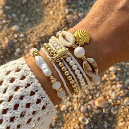 Cute Coral Starfish Shell Multi-Layer Bracelet for Women Ocean Series Fashion Stackable Beaded Jewelry Accessories