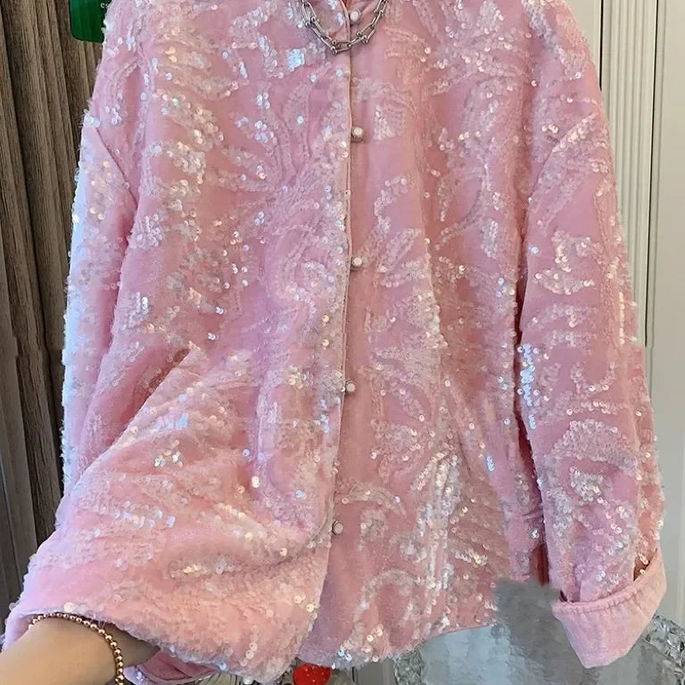 Chinese Vintage Sequin Velvet Jacket Autumn Winter New Elegant Embroidery Women's Stand Collar Single Breasted Outerwear
