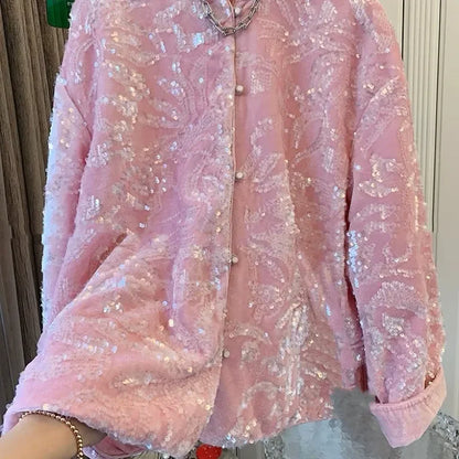 Chinese Vintage Sequin Velvet Jacket Autumn Winter New Elegant Embroidery Women's Stand Collar Single Breasted Outerwear