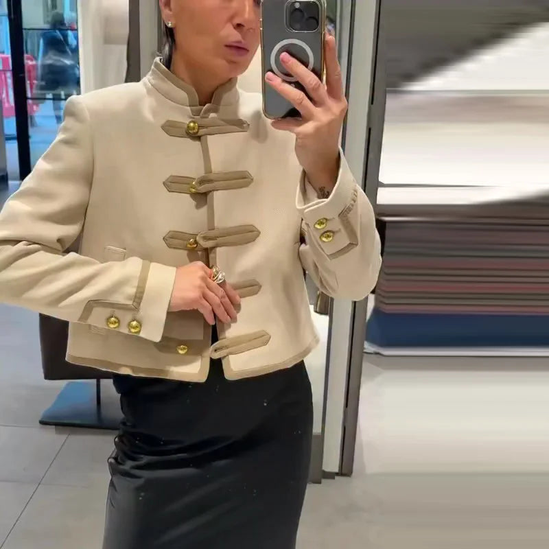 Fashion Chic Napoleon Cropped Jacket Women O-neck Long Sleeve Black Short Coats 2026 Spring Elegant Lady Commute Outerwear