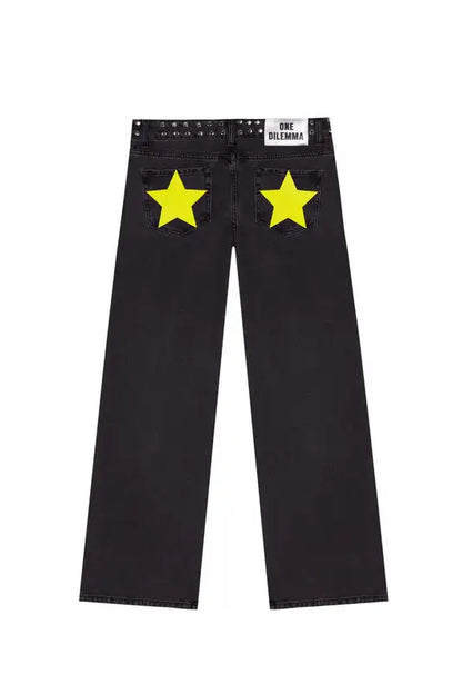 American ONE DILEMMA Jeans Y2K Womens Gothic Five Pointed Star Sequined Rivet Baggy Jeans Fashion Casual Mid Rise Slim Trousers