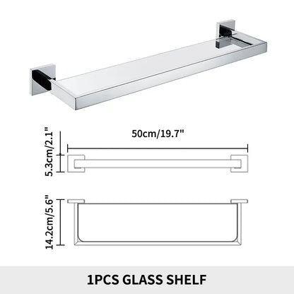 Bathroom Wall Shelf with Rectangle Tempered Glass Stainless Steel Wall Mount Glass Square Shelves Kitchen Organizer Rack Black