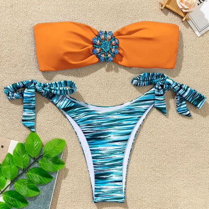 Rhinestone Flower Accessories Swimsuit Women 2023 2-piece Mini Bikini Sexy Strapless Backless Bathing Suit Summer Beach Swimwear