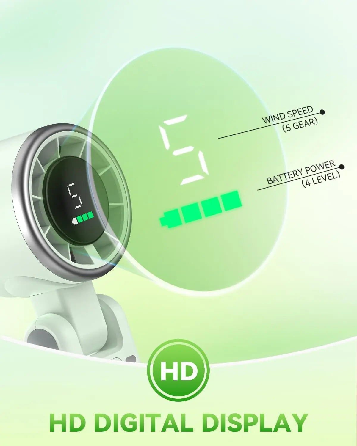 Handheld Fan Portable Foldable USB Rechargeable, Ultra Quiet 5-speed Adjustable, 1200mAh Battery (10 Hours Running Time)