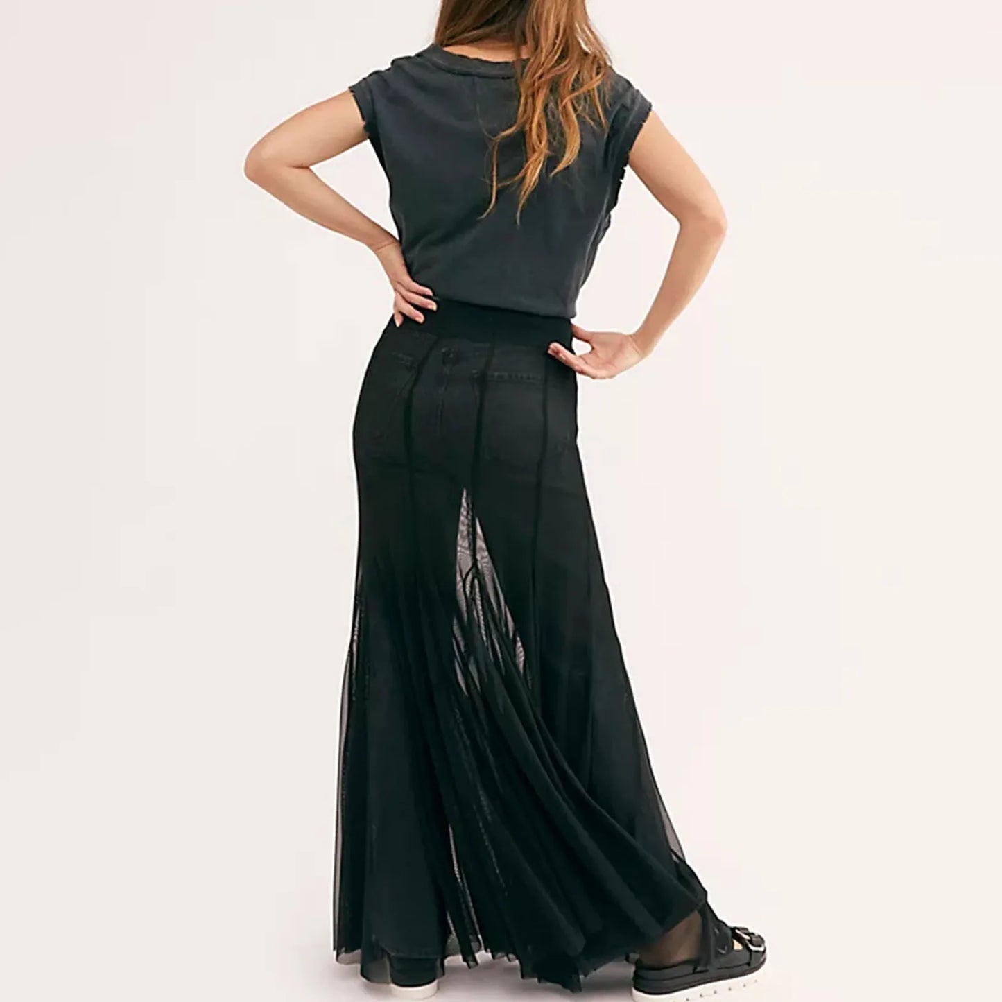 Fashion Women’s Mesh Sheer Long Skirts Elastic High Waist Ruffle Hem Flowy Skirts Casual A-line Midi Skirts